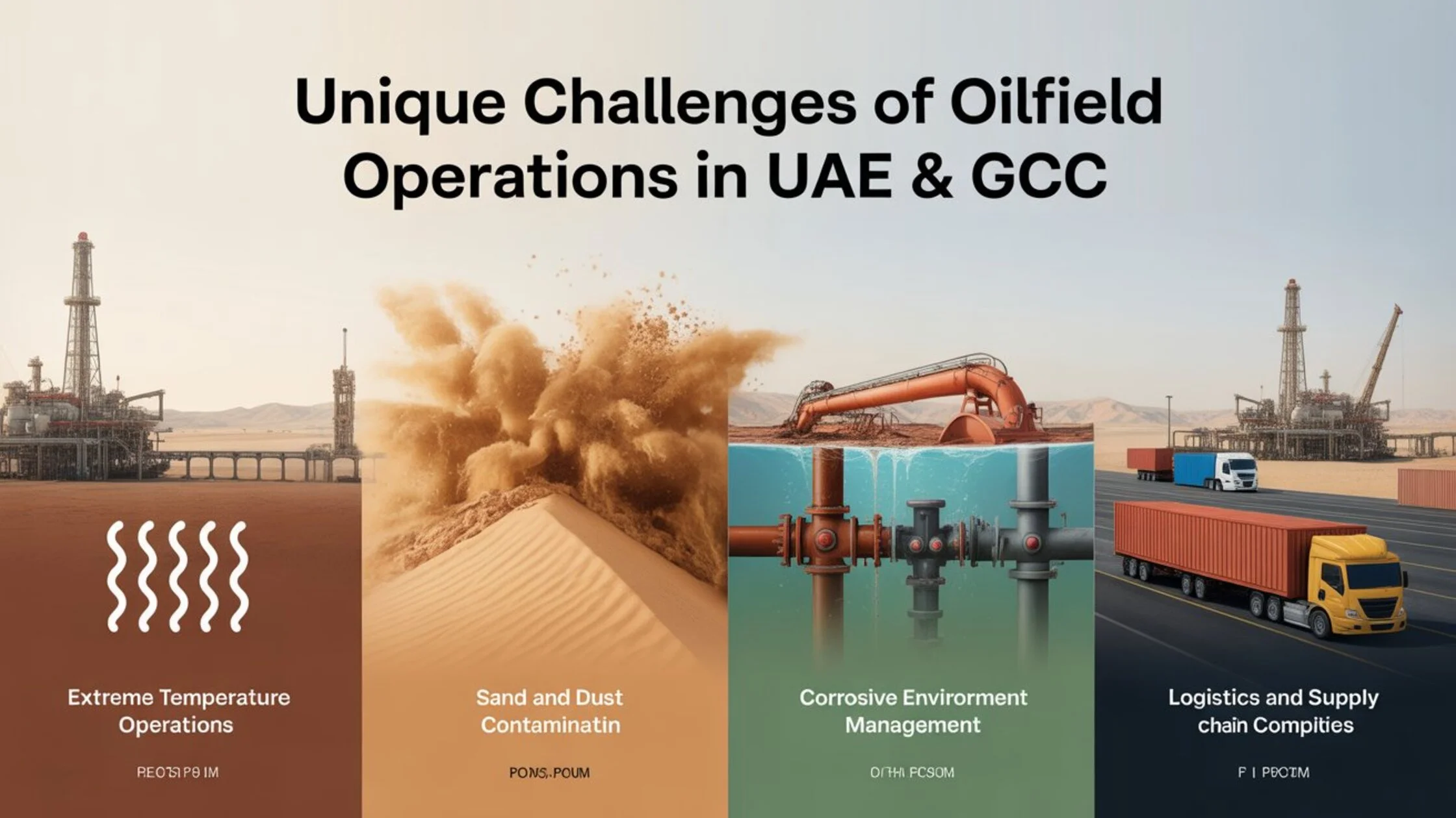 Visual representation of operational challenges in UAE oilfields such as harsh temperatures, dust contamination, corrosion, and supply chain issues