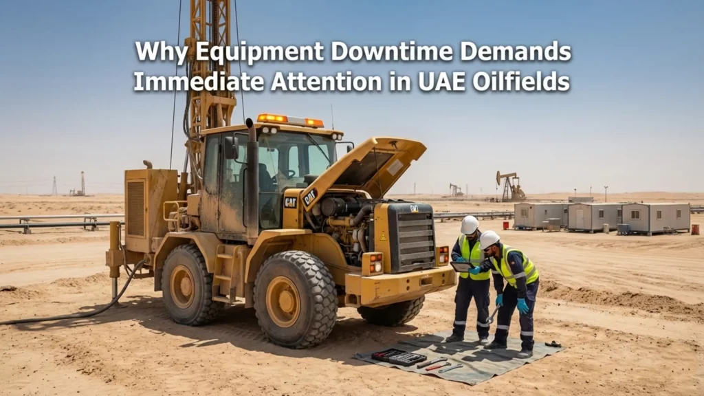 Equipment downtime in UAE oilfields showing technicians inspecting stopped CAT machinery under extreme desert heat