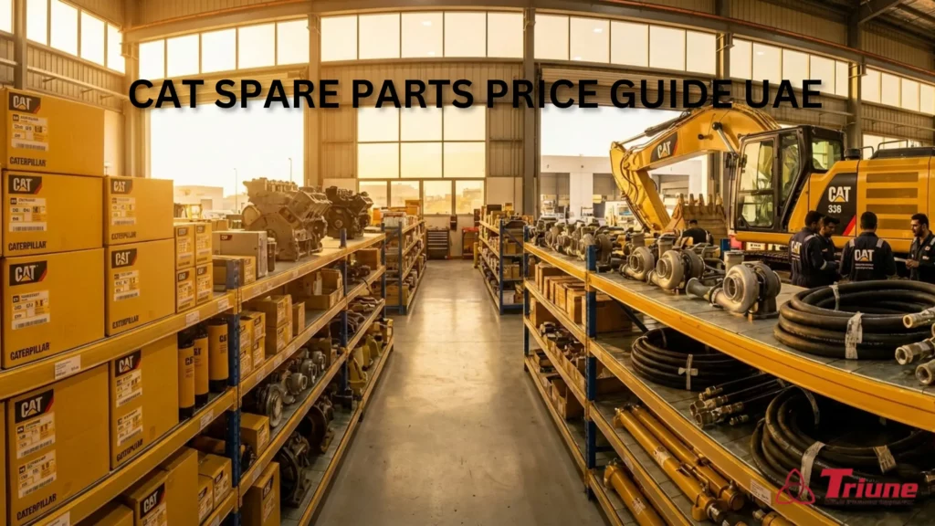 Organized CAT spare parts warehouse in Dubai, displaying genuine Caterpillar filters, engine and hydraulic components with CAT equipment in a professional maintenance facility