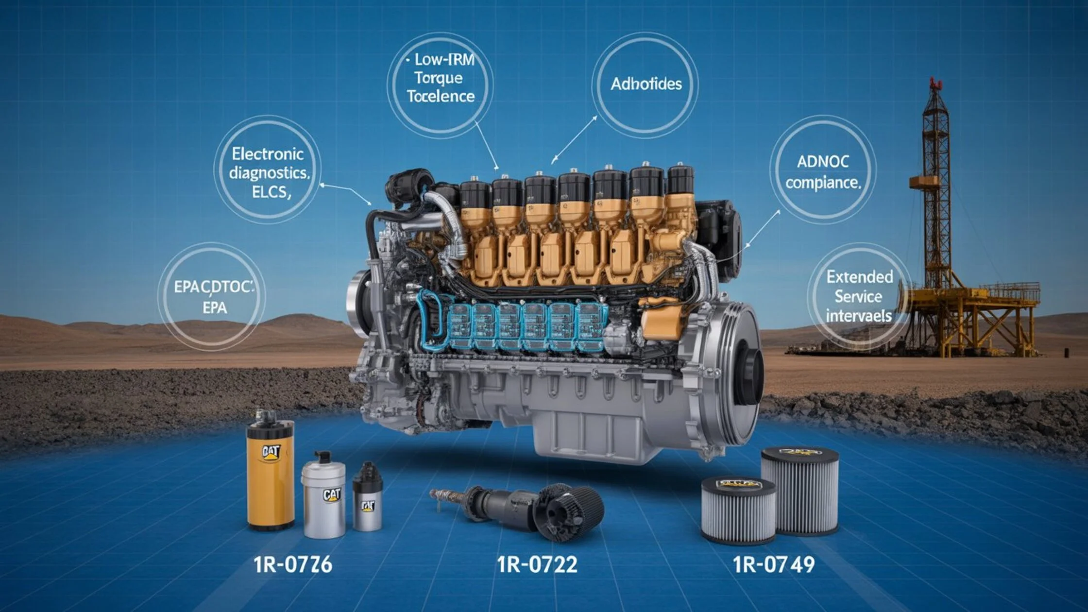 Technical cross-section illustration of CAT C-Series diesel engine on blue blueprint background showing internal piston assembly, electronic control system nodes, fuel injection precision engineering, and oil cooling systems with floating performance badges for low-RPM torque, abuse tolerance, electronic diagnostics PEMS DTOC ECS, ADNOC EPA compliance, and extended service intervals, foreground showing CAT maintenance filters 1R-0716 1R-0726 1R-0762 1R-0749 with desert drilling rig silhouette in background