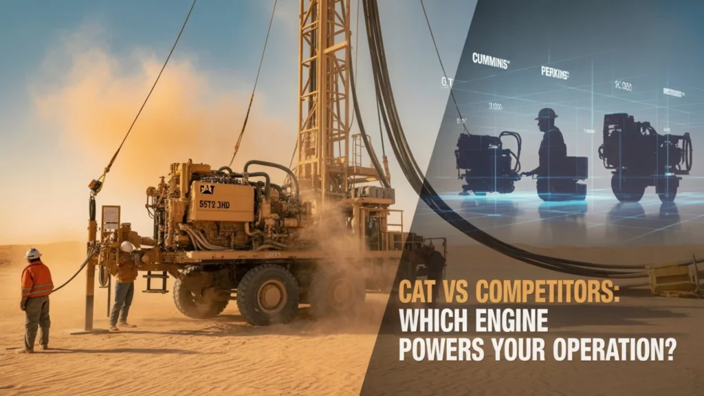 Split-screen comparison banner showing CAT engine operating in UAE desert oilfield under extreme heat conditions with workers conducting maintenance on left side, and competitive engine performance metrics displayed on digital screen right side with efficiency ratings and reliability comparisons for Cummins, Perkins, and Volvo engines