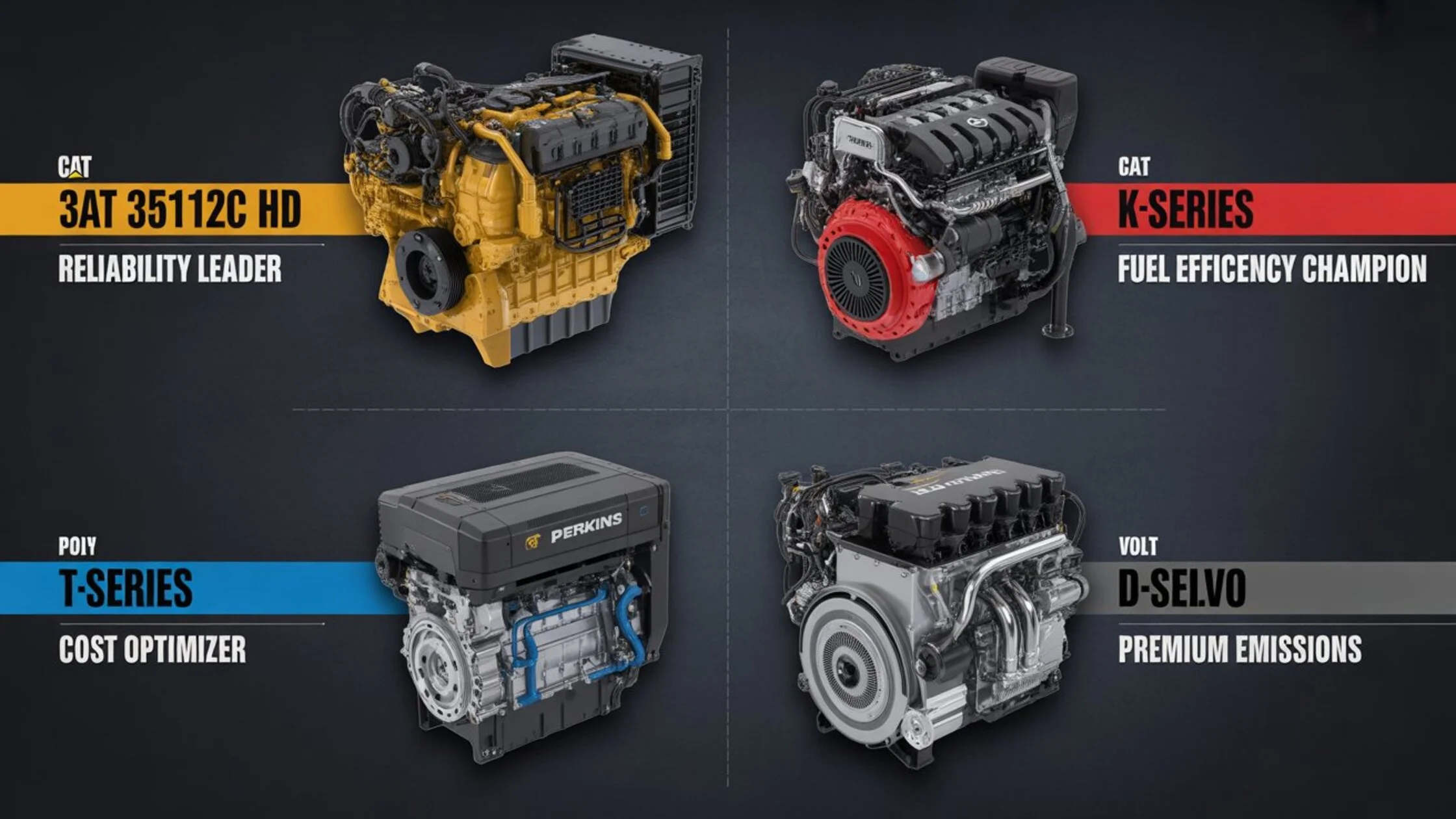 3D isometric comparison illustration showing four diesel engines side-by-side: CAT 3512C HD with yellow accent reliability leader, Cummins K-Series with red accent fuel efficiency champion, Perkins T-Series with blue accent cost optimizer, and Volvo D-Series with silver accent premium emissions technology, each displaying vertical performance bar charts comparing power output fuel efficiency reliability service network and spare parts availability, central radar chart showing four engines plotted against total cost of ownership reliability efficiency maintainability and compliance metrics, foreground showing equipment selection checklist on tablet device