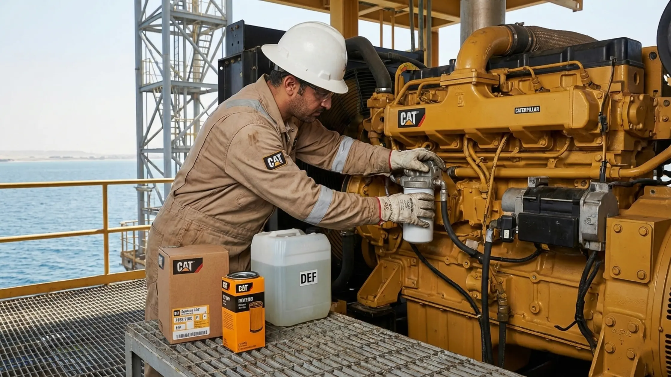 Oilfield technician performing CAT Tier 4 Final engine maintenance with DEF tank and fuel filters on UAE offshore rig platform