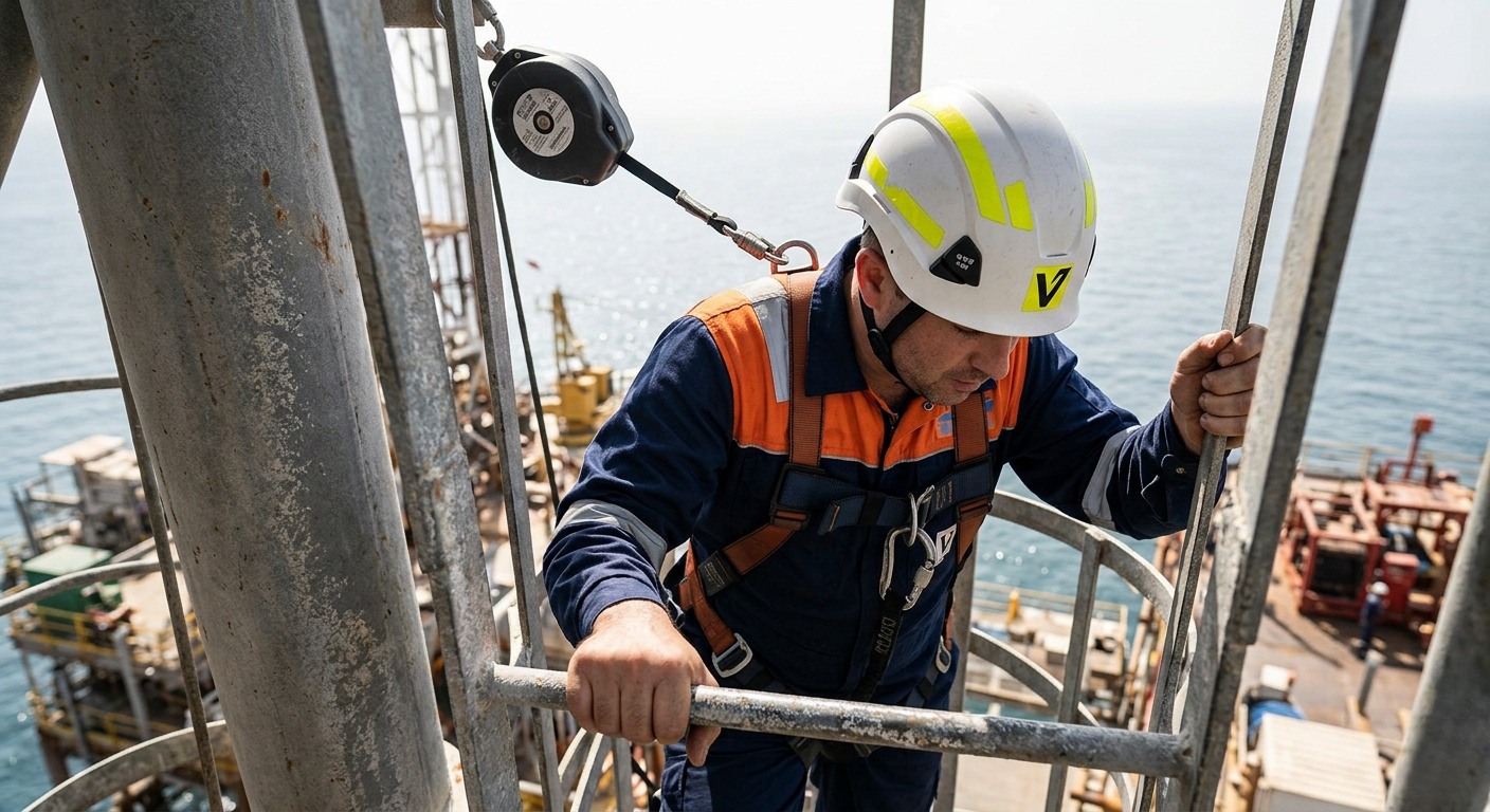 Rig worker climbing offshore mast in EN 12492 climbing helmet and fall arrest harness UAE — offshore height safety PPE oilfield