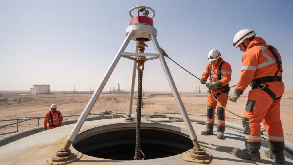 Rescue tripod and block with winch positioned over confined space vessel entry on UAE oilfield — confined space rescue tripod UAE oilfield