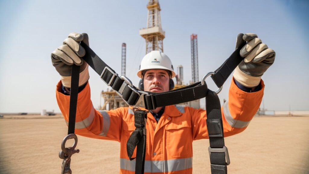 Rig supervisor conducting fall arrest harness pre-use inspection on UAE onshore drilling rig — oilfield equipment inspection UAE