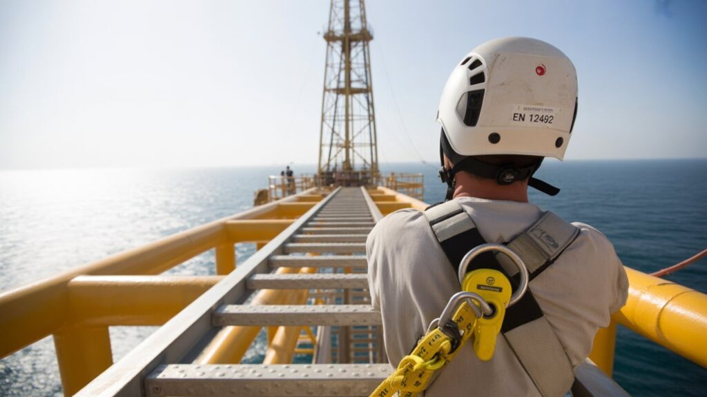 Offshore oilfield workers in full fall arrest harness and hi-vis vest PPE on elevated deck Arabian Gulf — PPE for oilfield workers offshore MENA