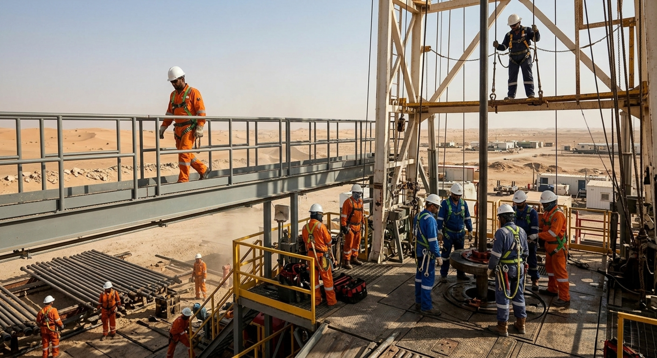 Rig workers in PPE on multi-level onshore drilling rig UAE with tethered tools and handrail guards — dropped object prevention oilfield rig safety