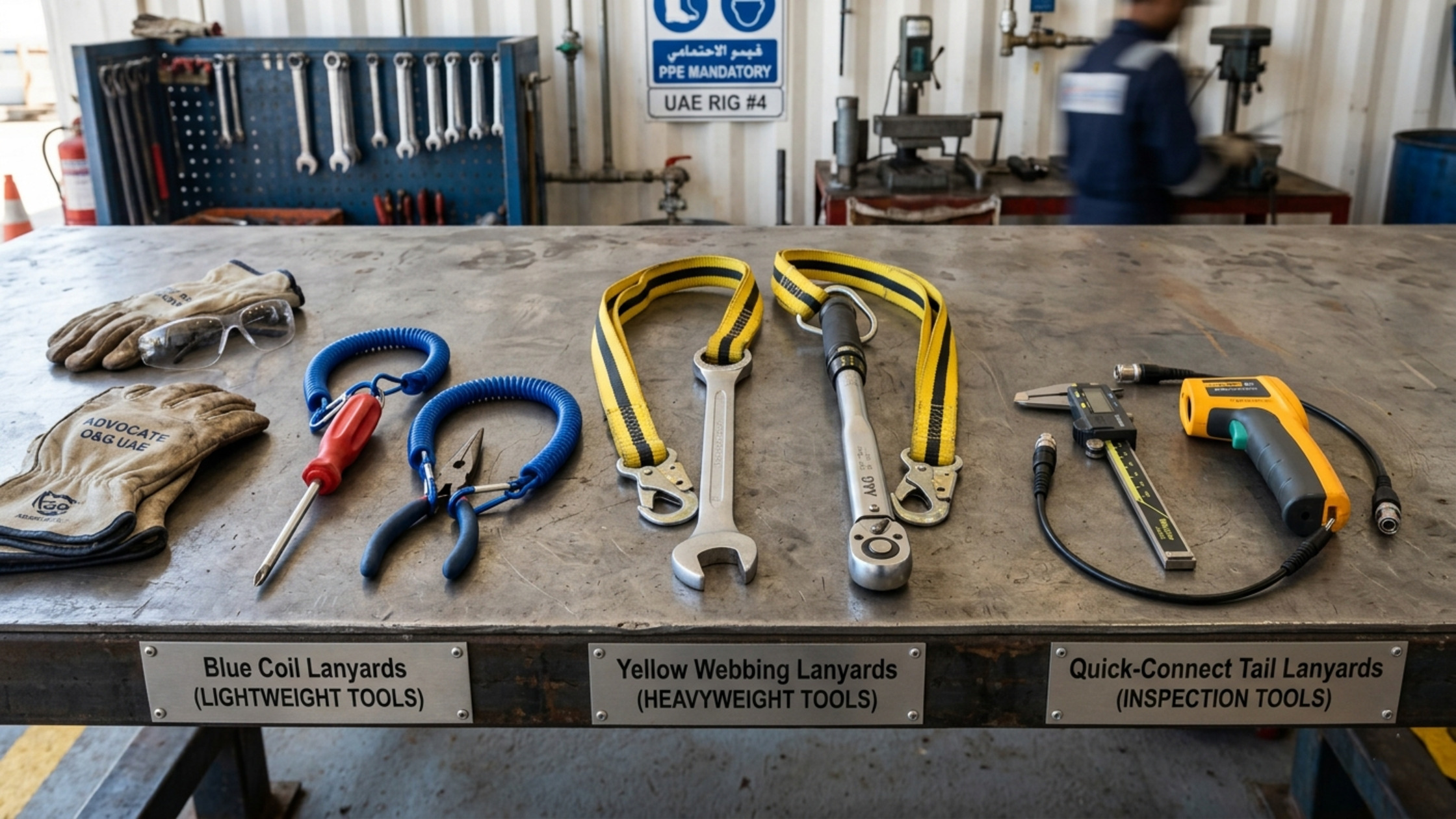 Tool lanyard selection UAE showing Tool@rrest coil lanyards webbing lanyards and quick-connect tails for offshore tools.