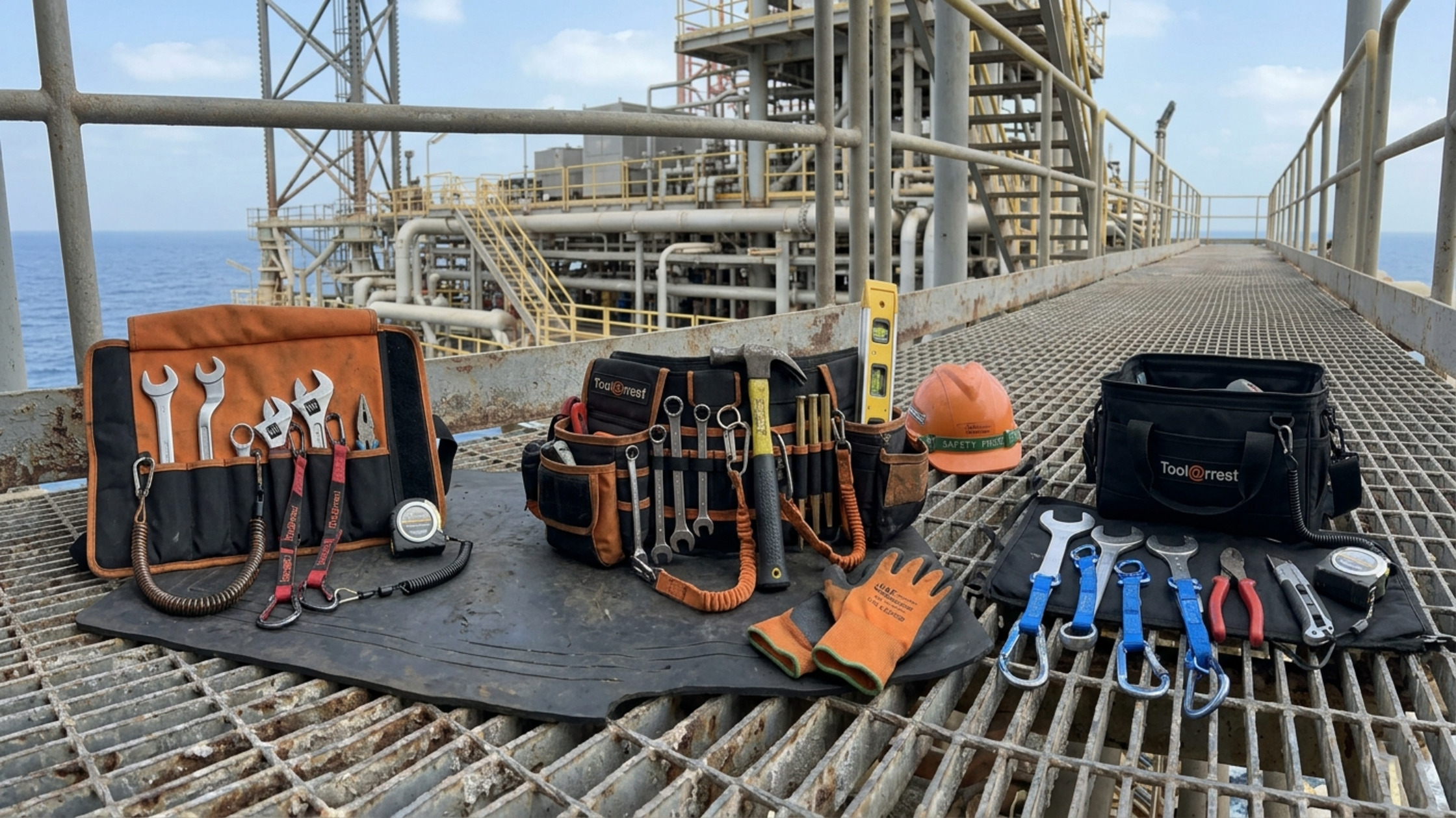 Tethered tool kits offshore MENA with Tool@rrest derrick crane and mechanical maintenance tethered tools on offshore deck.