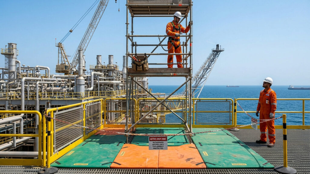 Dropped object prevention zone design offshore UAE showing Tool@rrest drop mats handrail guards and scaffold drop zone.