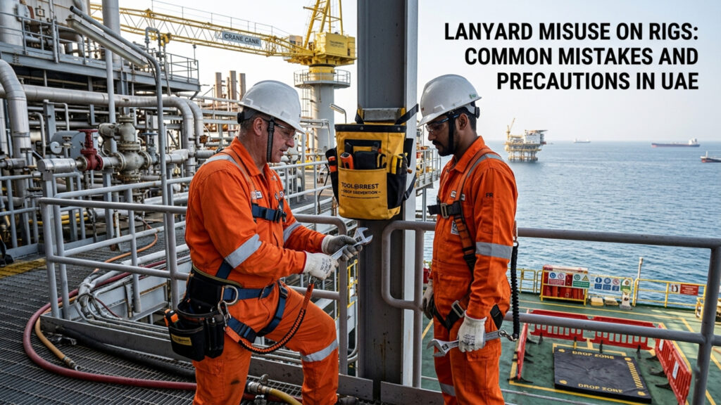 Lanyard misuse on rigs UAE showing correct Tool@rrest lanyard attachment and dropped object prevention offshore.