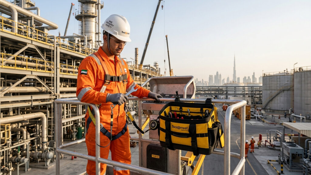 MEWP tool bag Dubai and scaffold bags for dropped object control showing Tool@rrest bag secured inside MEWP basket.