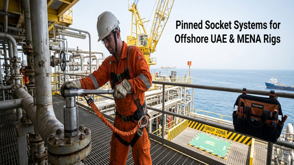Pinned socket systems offshore UAE and MENA showing Tool@rrest tethered ratchet with locked pinned socket during flange torqueing.
