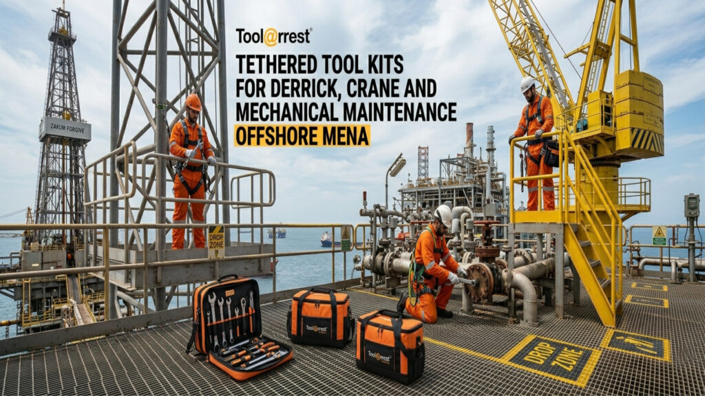 Tethered tool kits offshore MENA showing Tool@rrest derrick crane and mechanical maintenance kits on offshore rig.