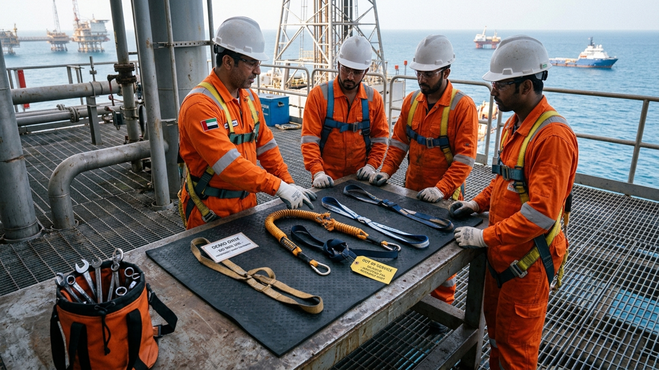 Lanyard misuse on rigs UAE toolbox talk showing damaged Tool@rrest lanyards and correct tethering practices offshore.