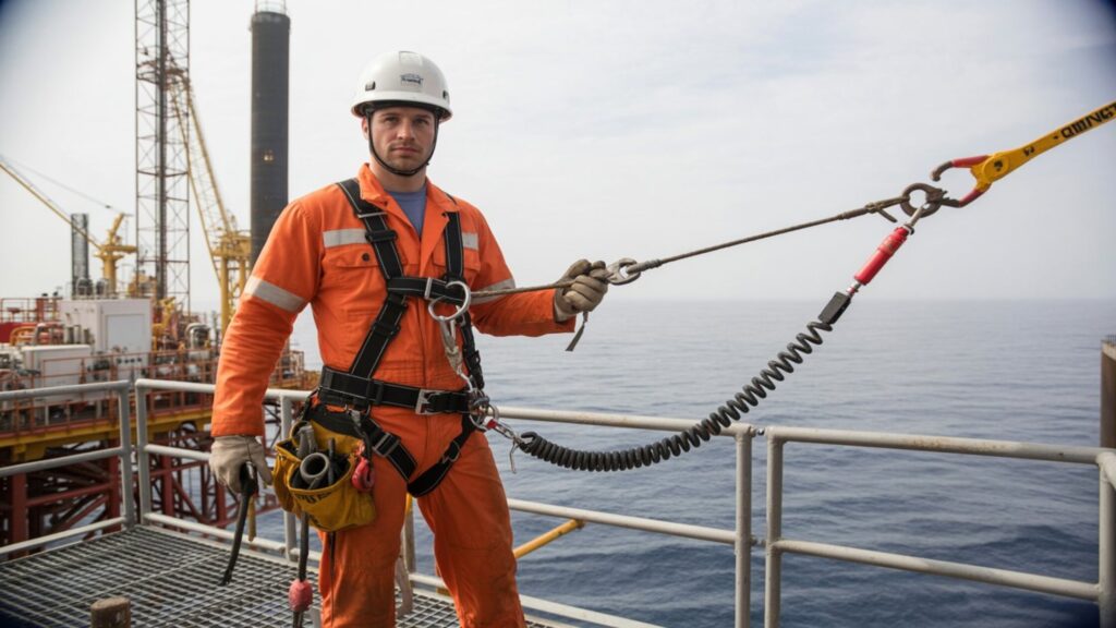Tool lanyard selection UAE showing Tool@rrest coil and webbing lanyards used safely on offshore rig.