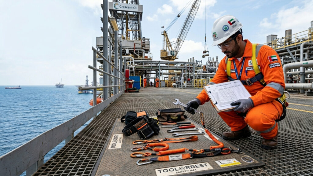 Tool tether inspection checklist for UAE rigs showing supervisor inspecting Tool@rrest tethered tools and lanyards offshore.