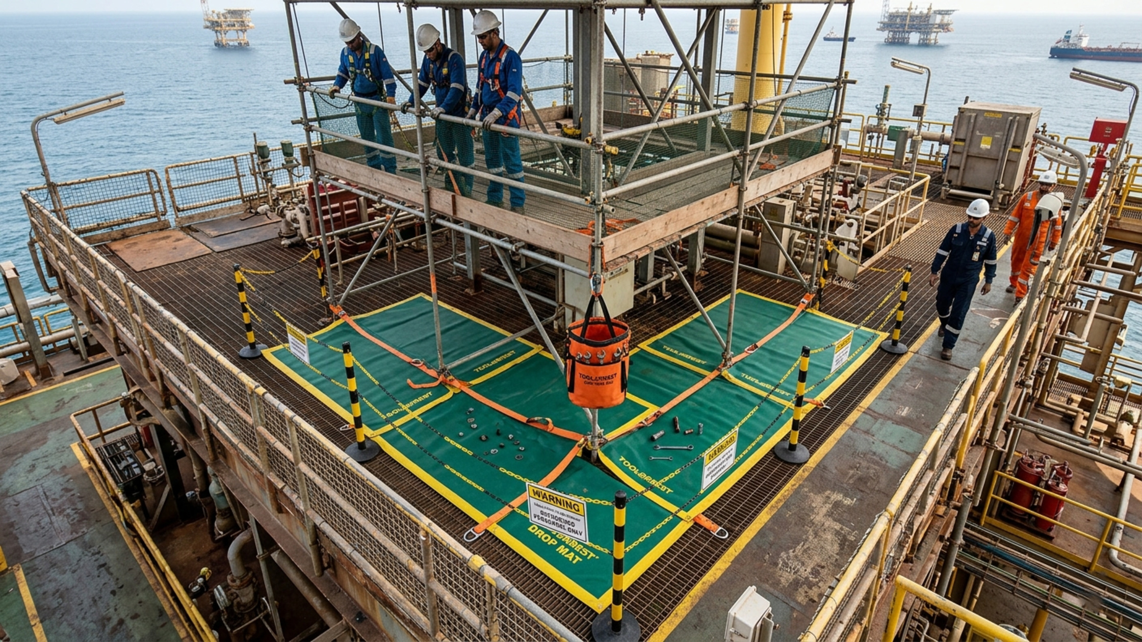 Dropped object prevention zone design offshore UAE with Tool@rrest drop mats handrail guards and scaffold bucket bag.