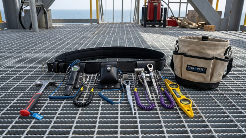 Scaffolders tethered belt kit UAE with Tool@rrest tethered scaffold tools and pouches laid out on offshore rig floor.